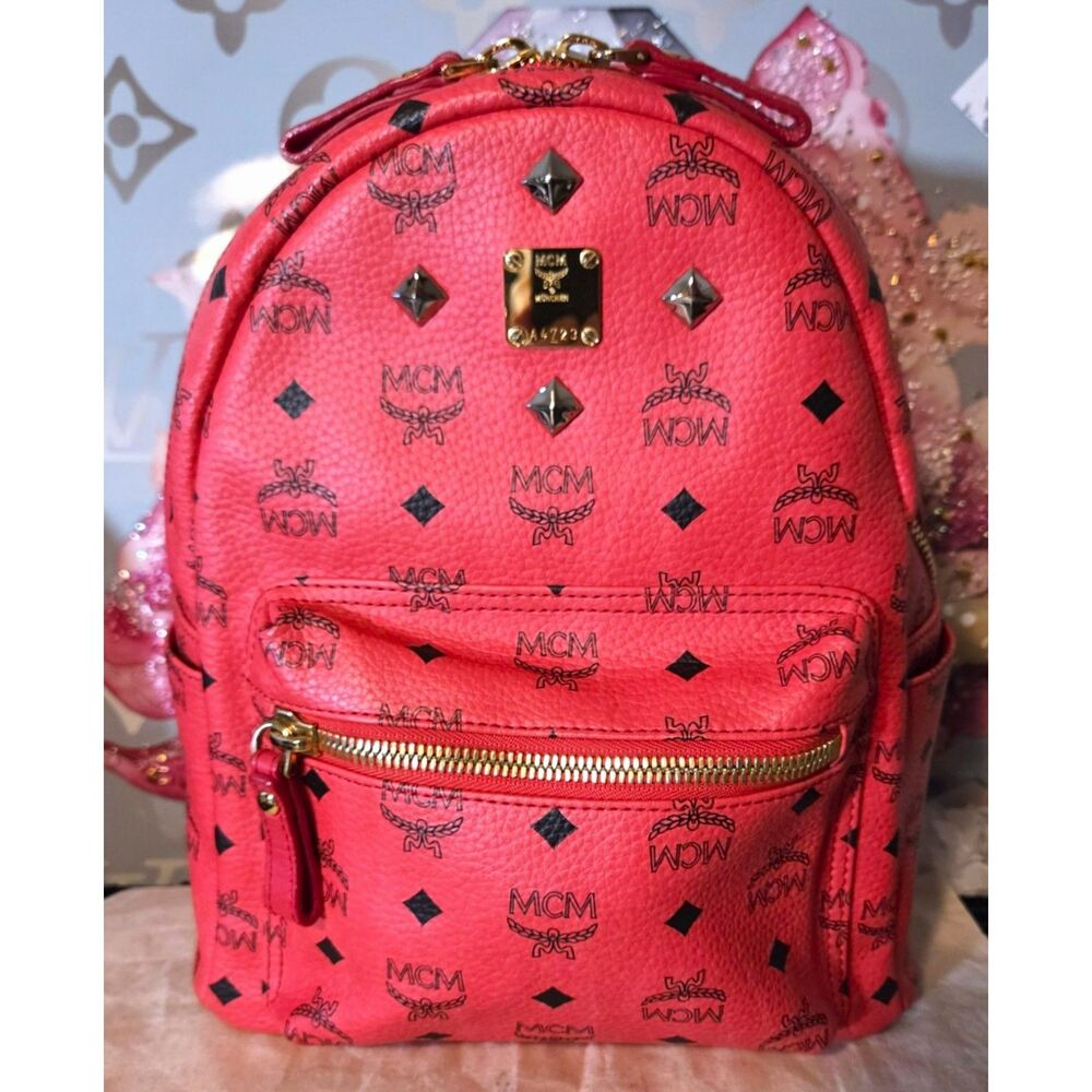 MCM Small Stark Strawberry Red Visetos Backpack - Like New